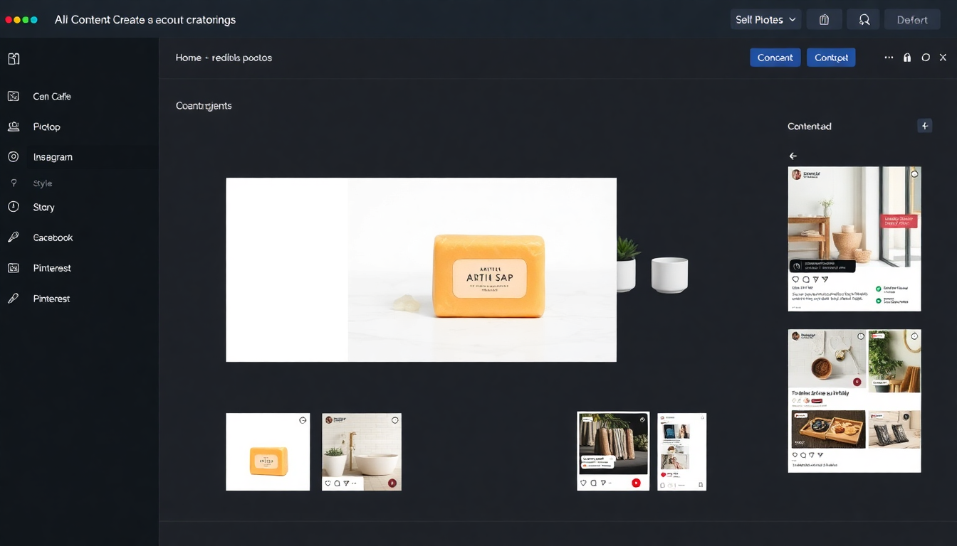 Content creation dashboard showing multiple product visuals generated from a single product photo for different platforms