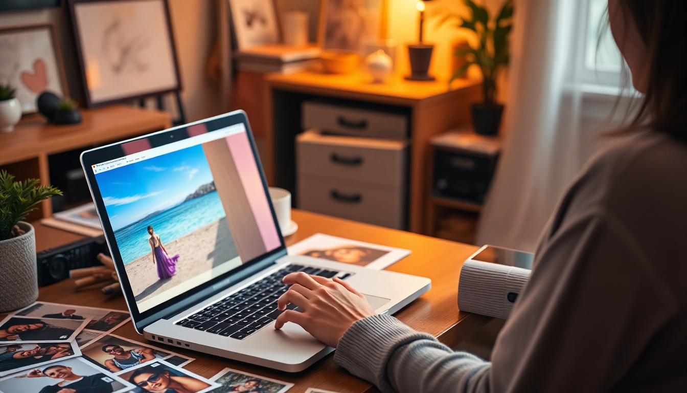 Small business owner creating AI product content on laptop in home office