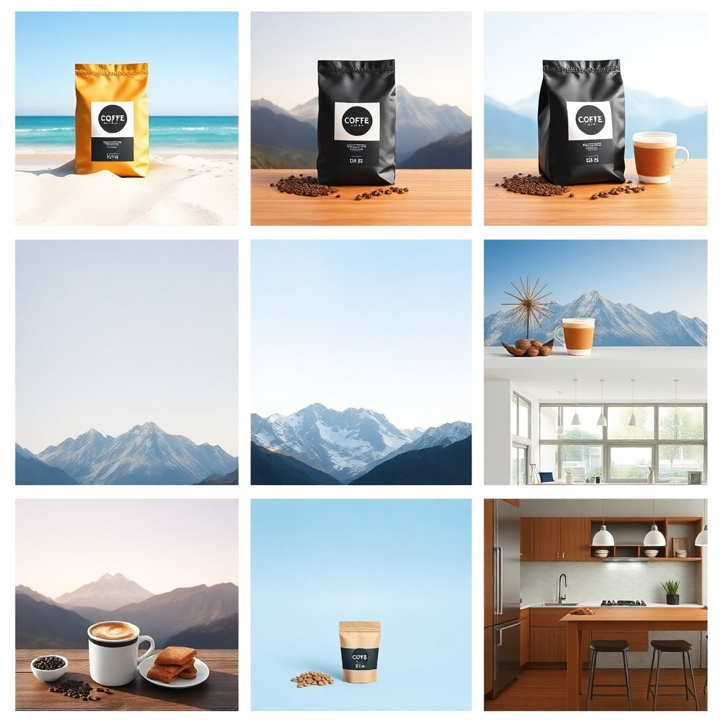 Instagram-style 3x3 grid showing the same coffee brand product in nine different AI-generated lifestyle scenes
