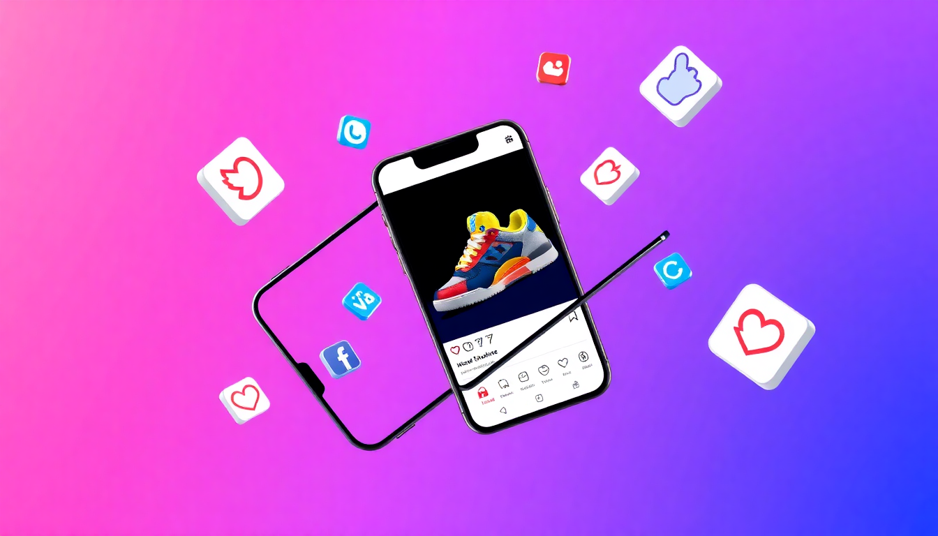 Creative social media content workspace with smartphone displaying product photo