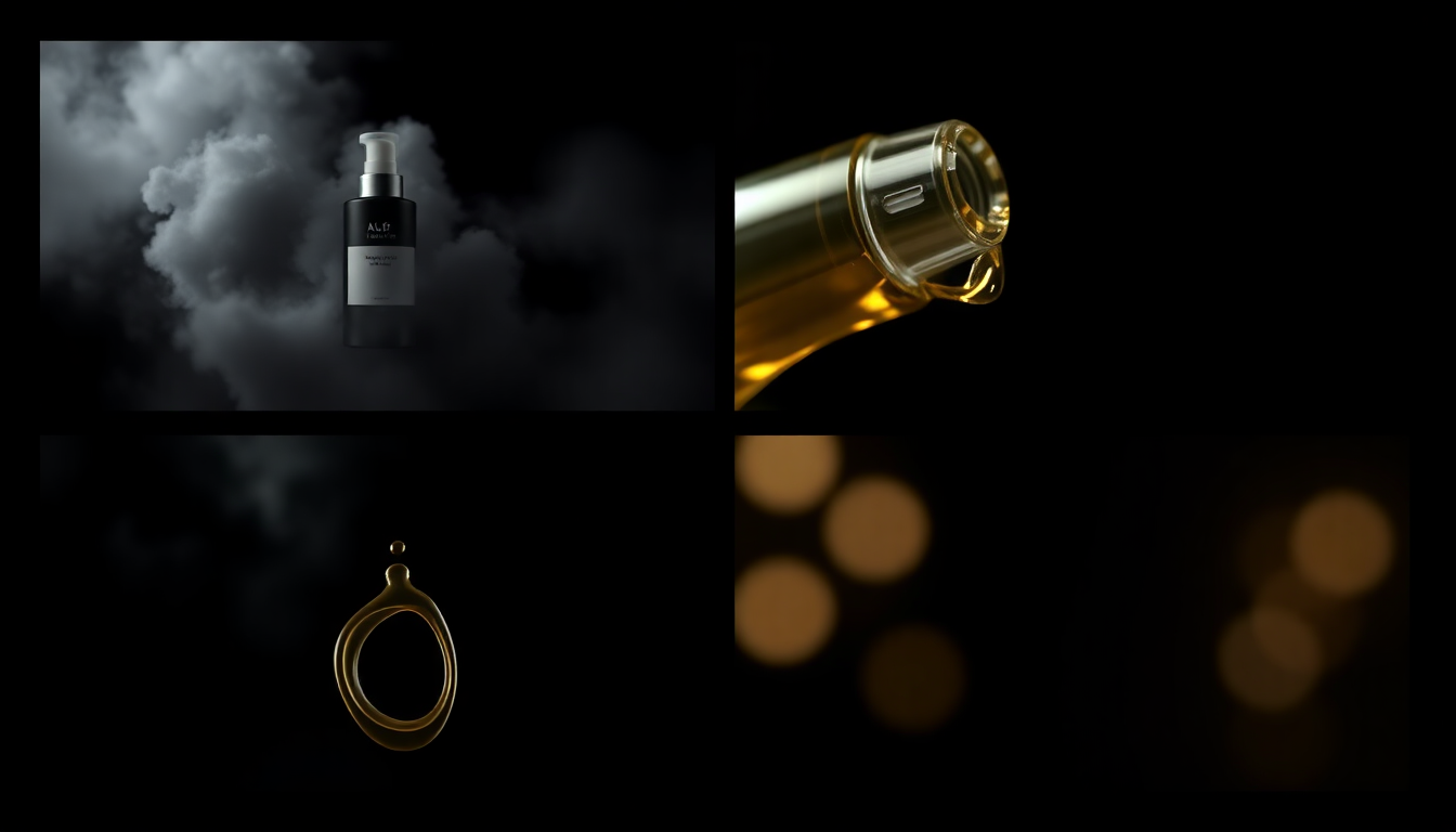 Product video storyboard showing four frames of a skincare bottle sequence from reveal to hero shot