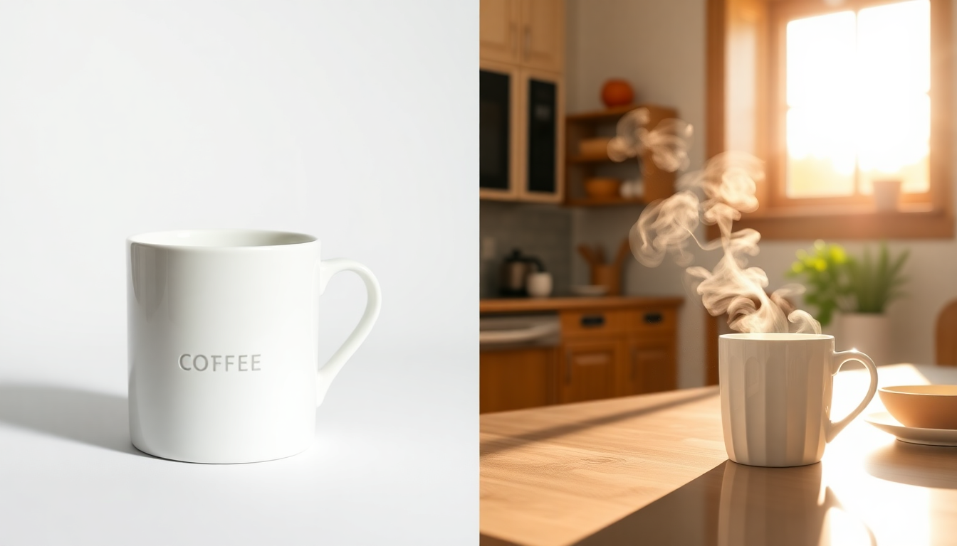 Split screen comparing basic white background product photo with the same product in a cozy lifestyle scene