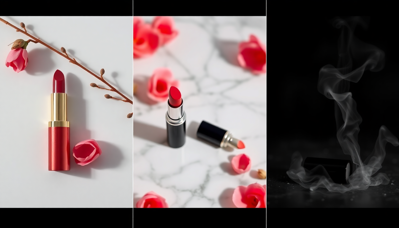 Triptych showing the same lipstick product in three different photography styles: white background, lifestyle, and cinematic