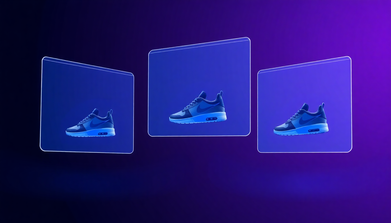 Three floating screens showing different AI product photography tool interfaces comparing the same sneaker