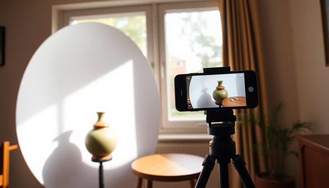 Beginner product photography setup with smartphone on tripod near window