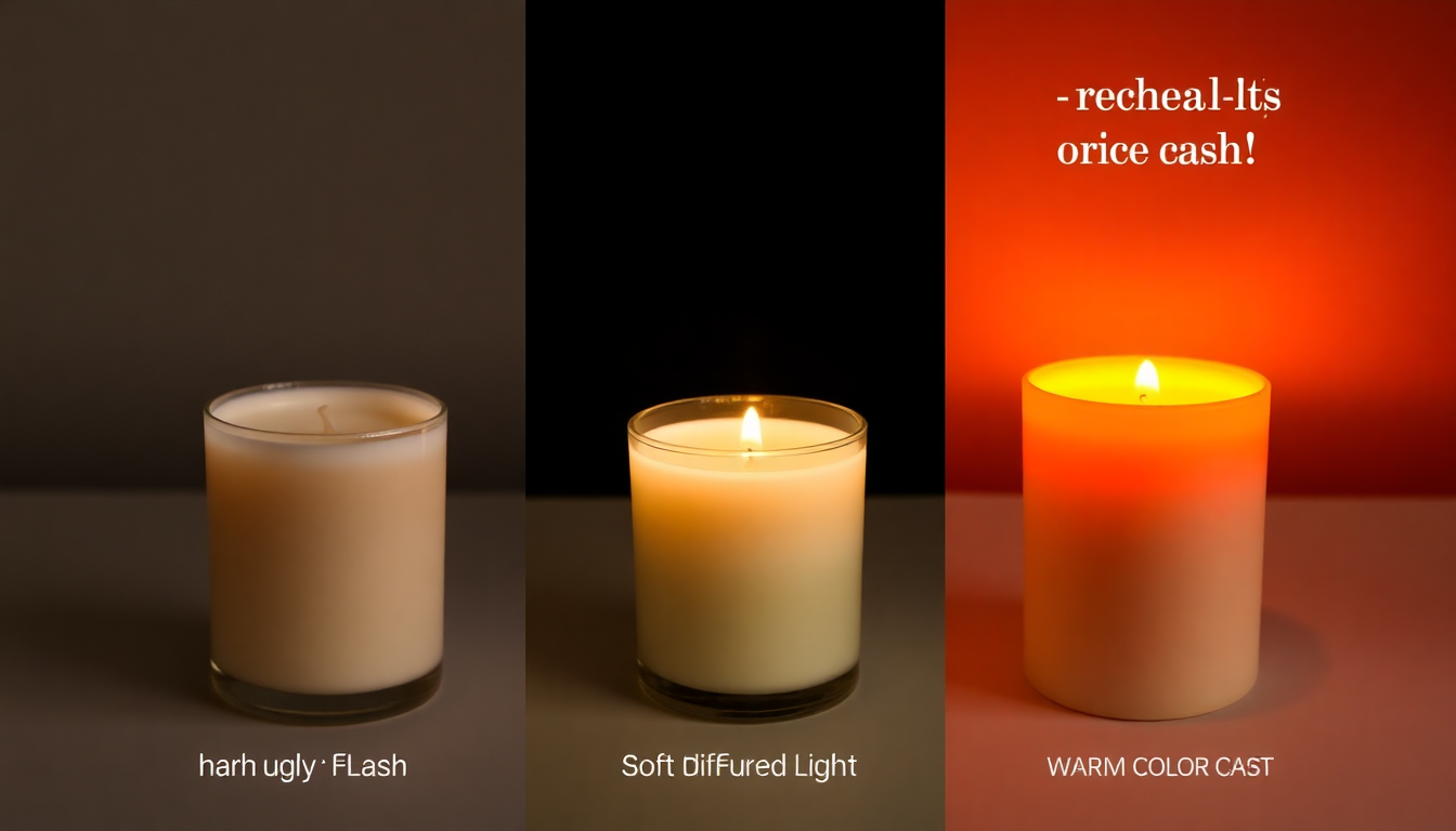 Product photography lighting comparison showing three versions of the same candle with different lighting conditions