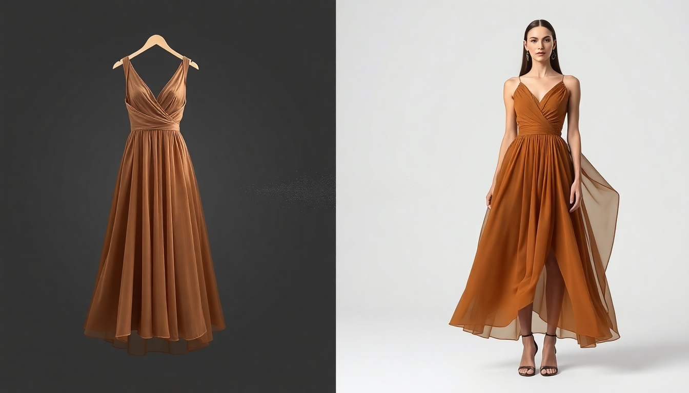 Fashion virtual try-on technology showing dress transition from flat to worn on model