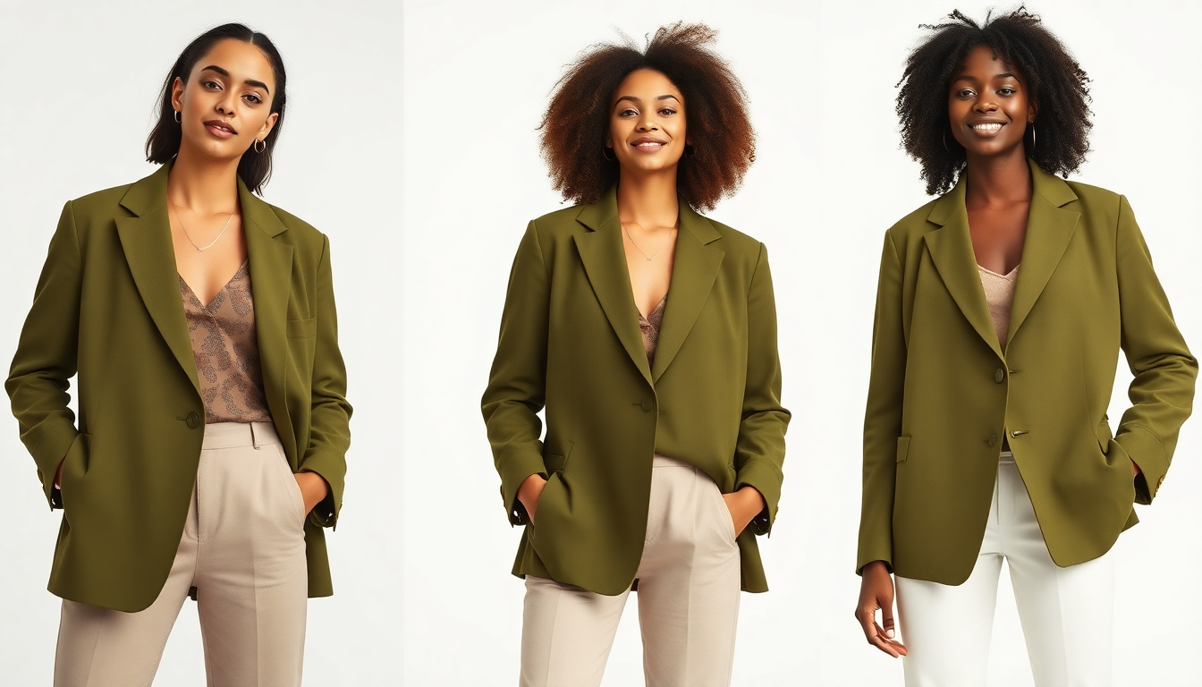 Multiple diverse models wearing the same olive green blazer in a professional catalog photography style